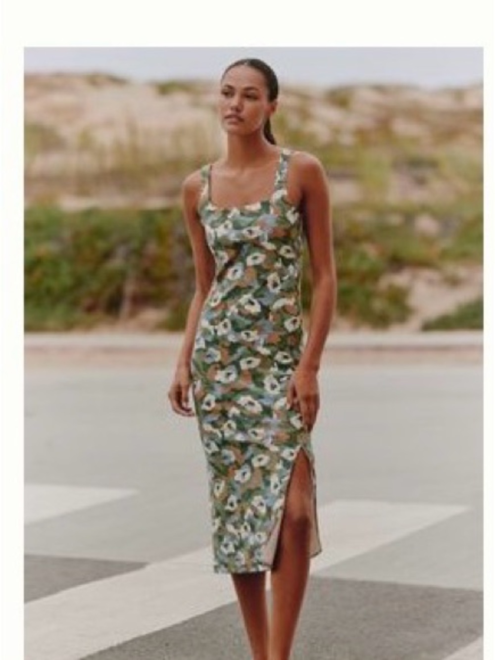 Anthropologie Olive Floral Square-Neck Midi Dress— Comfort Walking